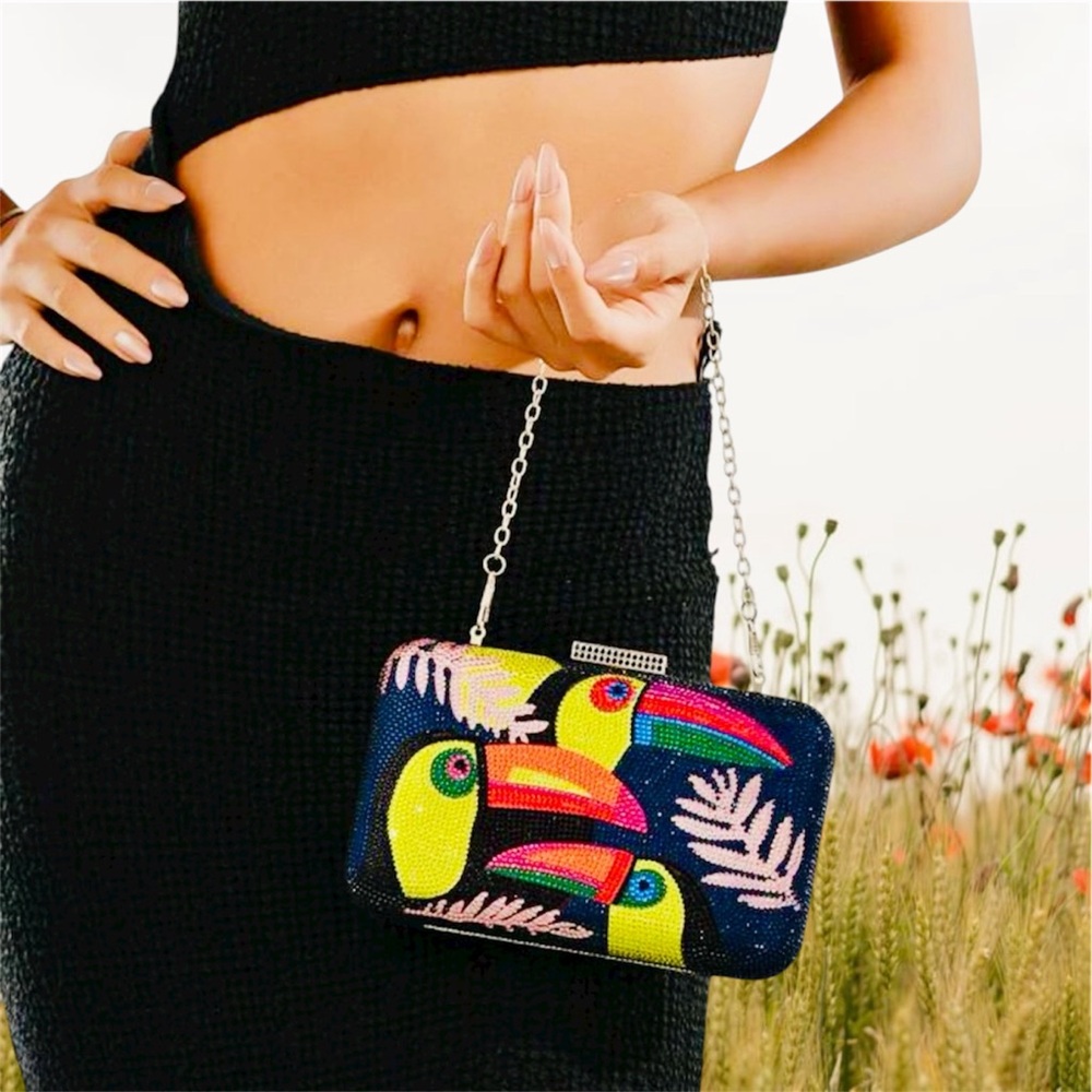 Colorful Toucan Print Navy Blue Rhinestones Clutch with Chain Strap